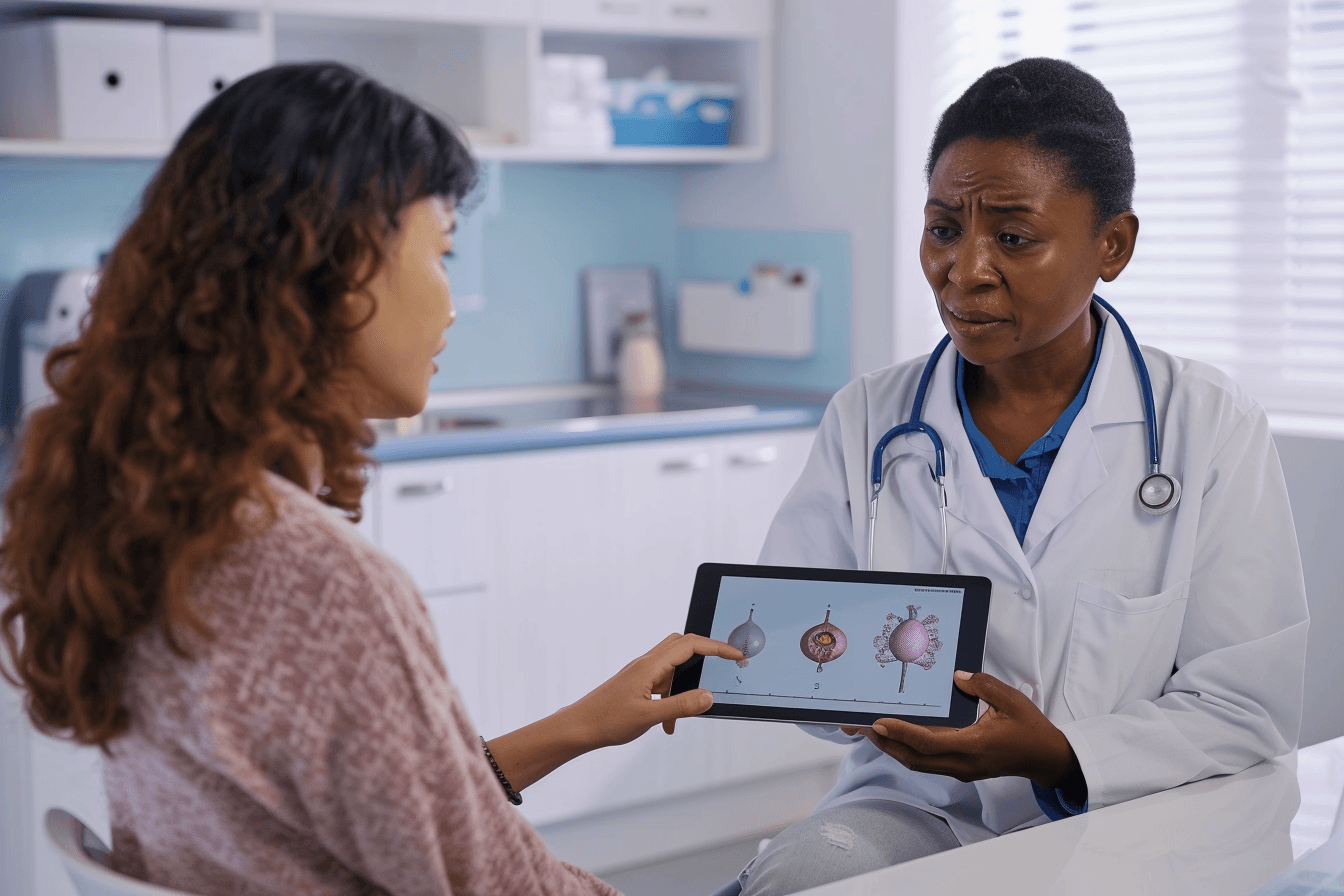 Fertility specialist explaining ovulation problems and infertility to female patient during clinic consultation.
