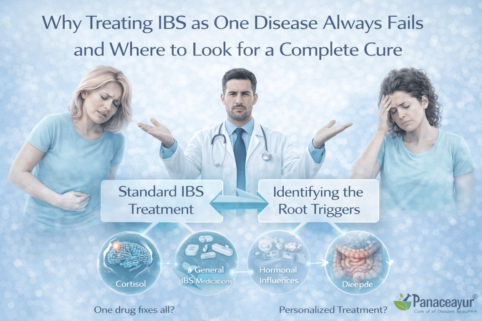 Why Treating Ibs As One Disease Always Fails And Where To Look For A Complete Cure Clinical teal-blue medical illustration showing multiple underlying drivers of irritable bowel syndrome, including gut–brain signaling, immune activation, microbiome imbalance, hormones, and nervous system dysfunction, emphasizing why ibs cannot be treated as a single disease.