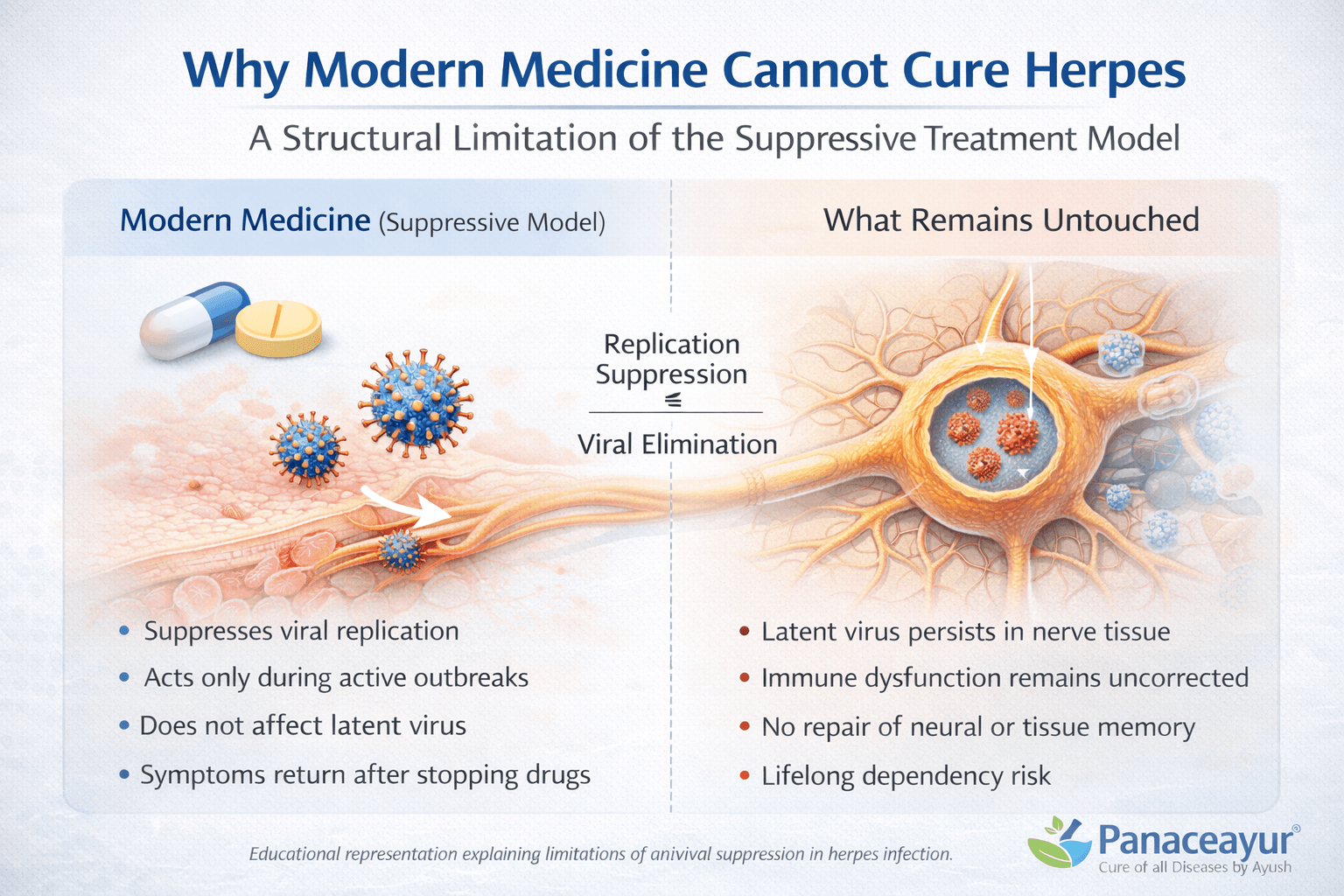 Why modern medicine cannot cure herpes due to suppression of viral replication without eliminating latent virus