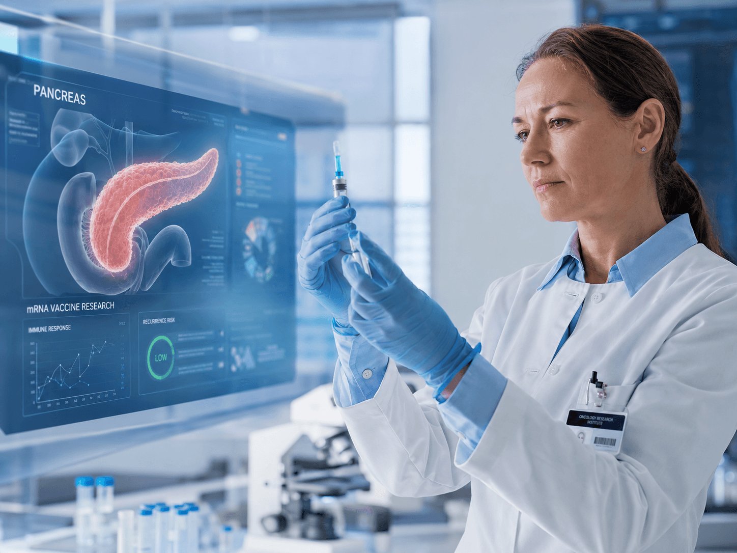 Home 5 Oncologist examining a personalized mrna vaccine beside a medical display showing the pancreas and pancreatic cancer recurrence research