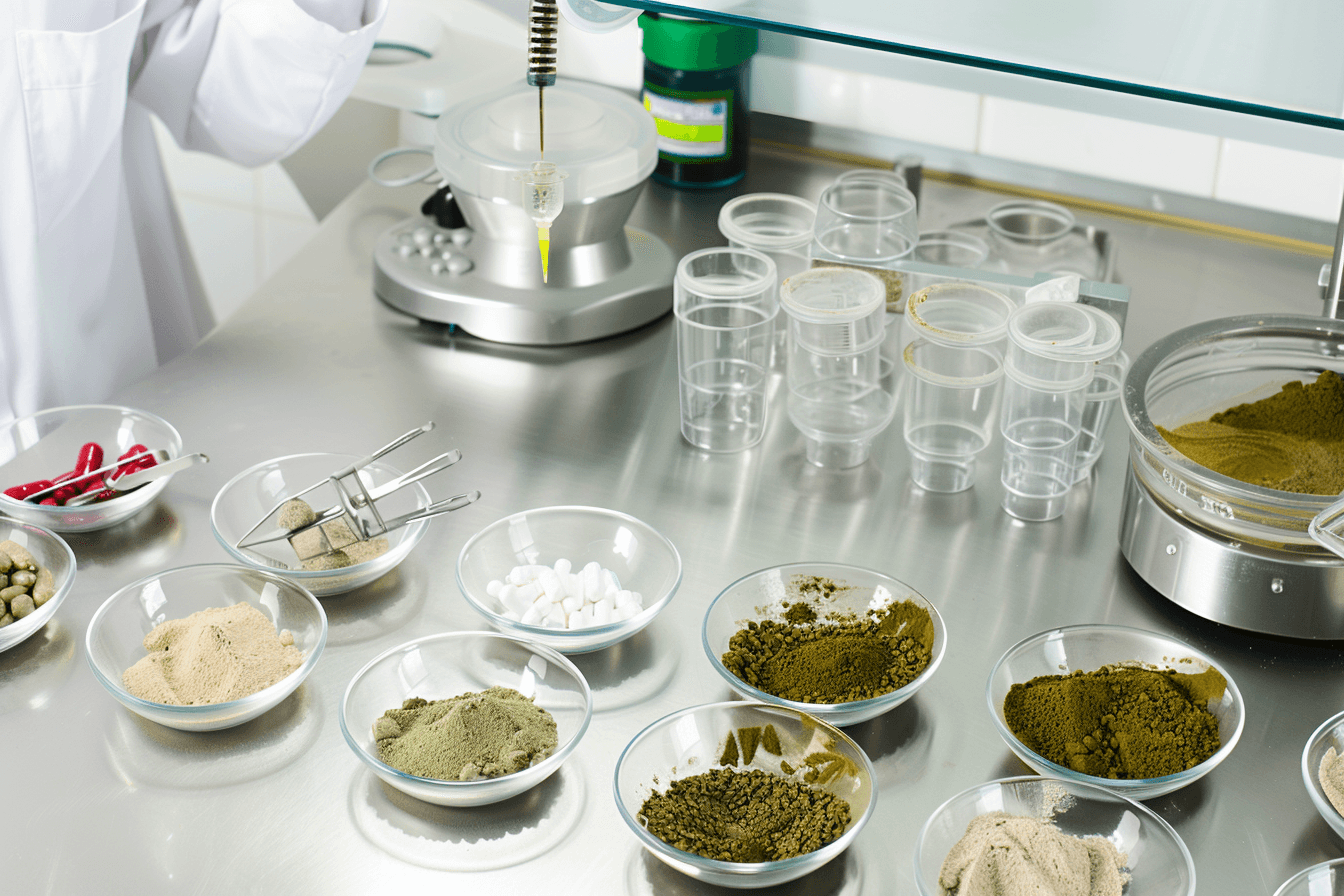 Clinical setup showing multiple herbal and mineral ingredients measured on digital scale representing advanced rasayana formulation for alternative treatment pancreatic cancer