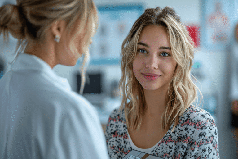 Doctor discussing follow-up care after atypical hyperplasia excision with patient in breast clinic