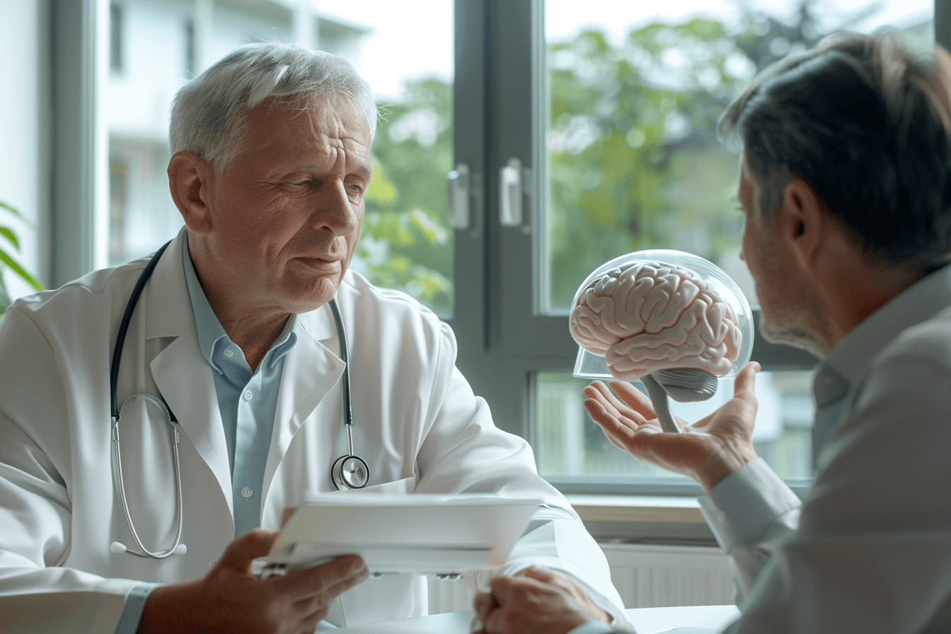 Alzheimer-Disease-Brain-Explanation-Doctor.jpg Doctor explaining alzheimer’s disease brain changes to patient using anatomical brain model