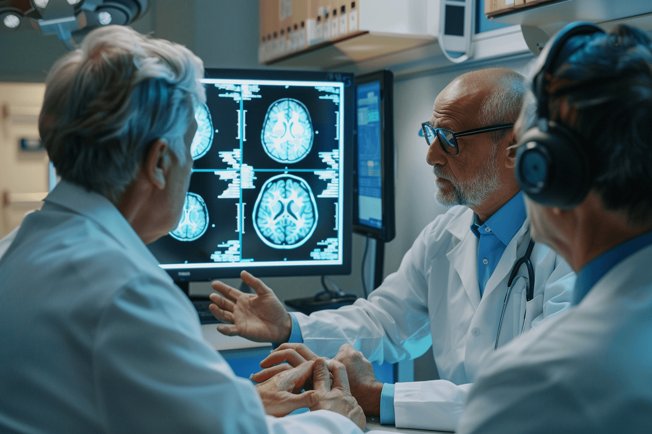 Neurologist explaining mri brain scan results during alzheimer’s disease diagnosis