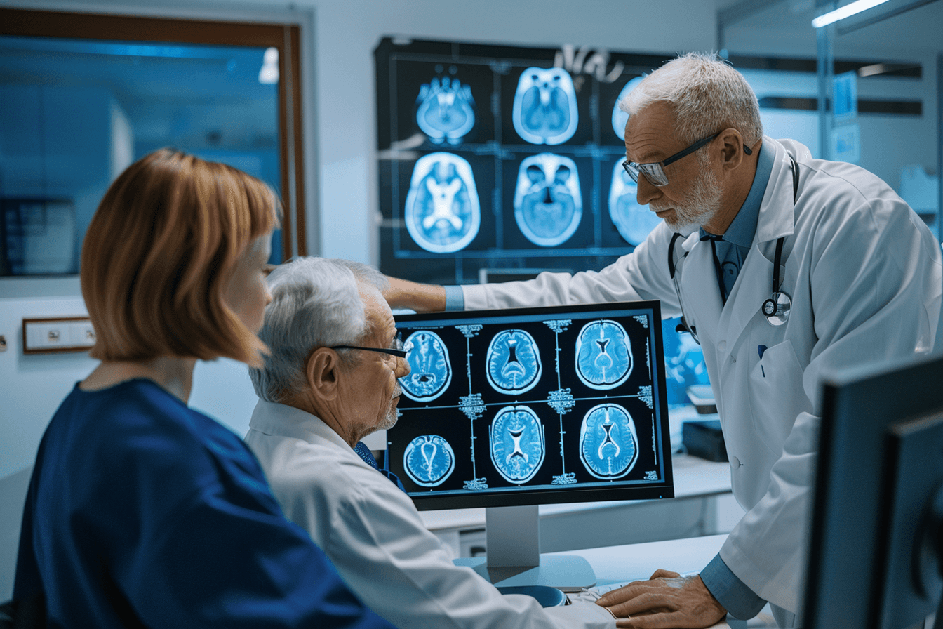 Neurologist explaining progression of alzheimer’s disease using brain scan images