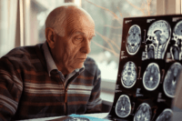 Illustration showing elderly patient with memory difficulty alongside anatomical brain highlighting hippocampus region affected in Alzheimer’s disease.