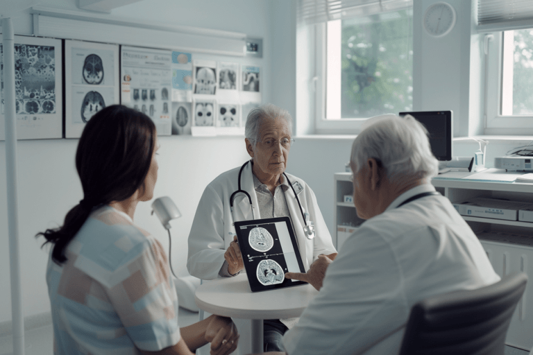 Neurologist discussing alzheimer’s disease during clinical consultation