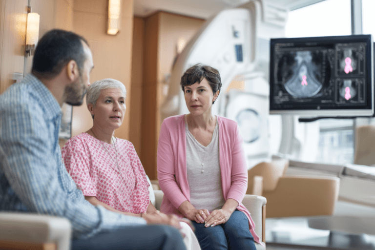 Oncologist explaining the first 72 hours after an anaplastic thyroid cancer diagnosis to a patient and family member