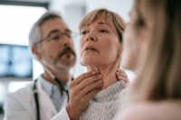 An oncology specialist examining a patient with anaplastic thyroid cancer and visible lower-neck swelling in a modern hospital.