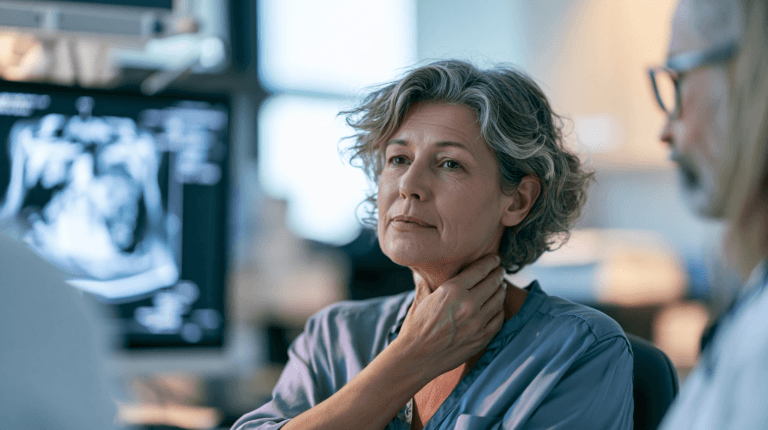 Patient with lower-neck swelling discussing anaplastic thyroid cancer symptoms with a head-and-neck oncology specialist