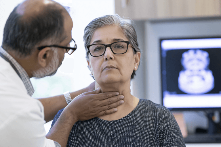 Doctor examining an older woman with visible neck swelling during an anaplastic thyroid cancer consultation