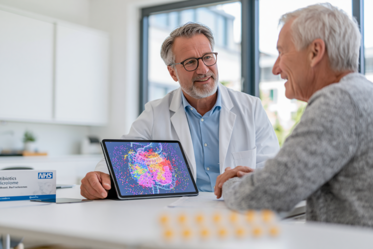 Antibiotics and Long-Term Microbiome Damage shown with a doctor explaining gut microbiome recovery