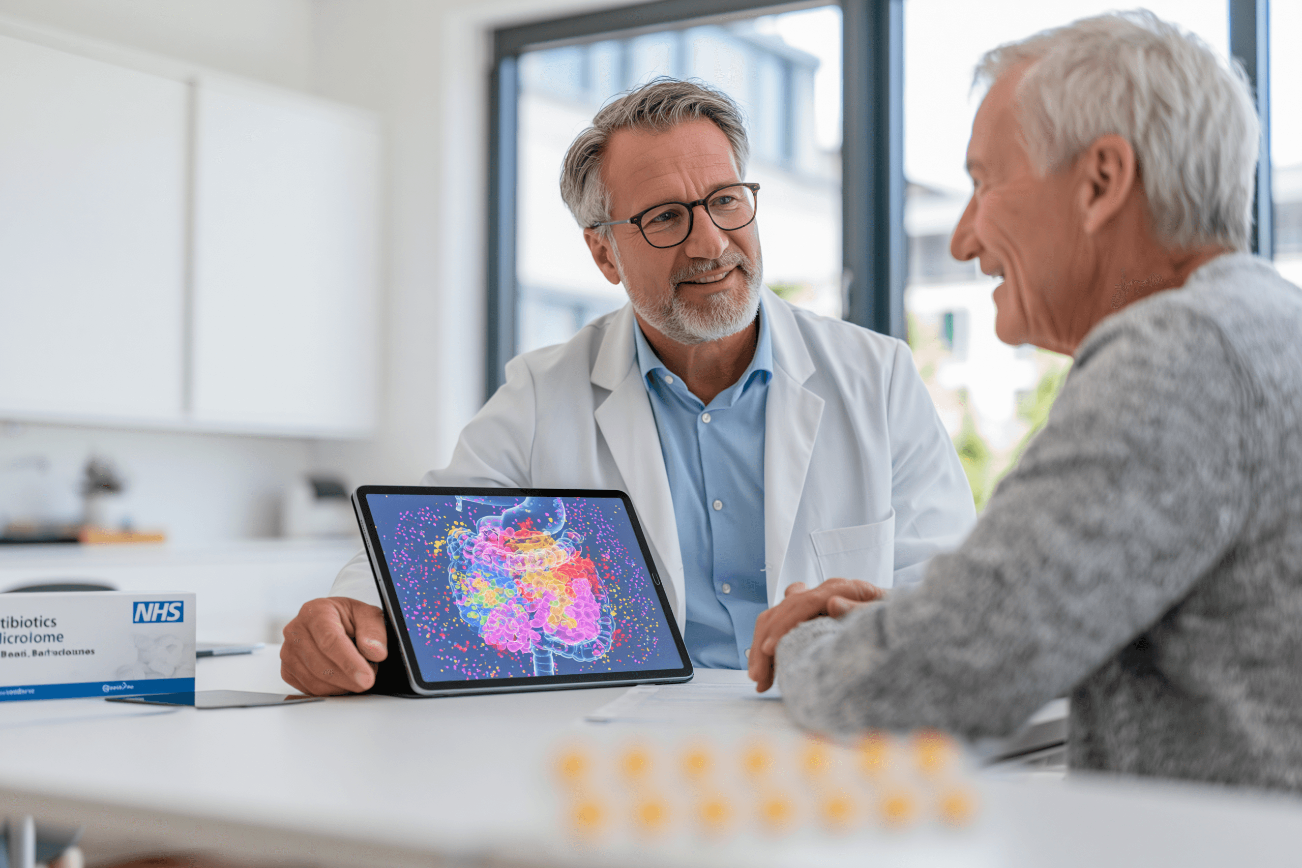 Home 5 Antibiotics and long-term microbiome damage shown with a doctor explaining gut microbiome recovery