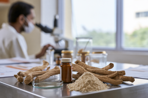 Standardized Ashwagandha root extract studied in a modern clinical research laboratory for safety and liver monitoring.