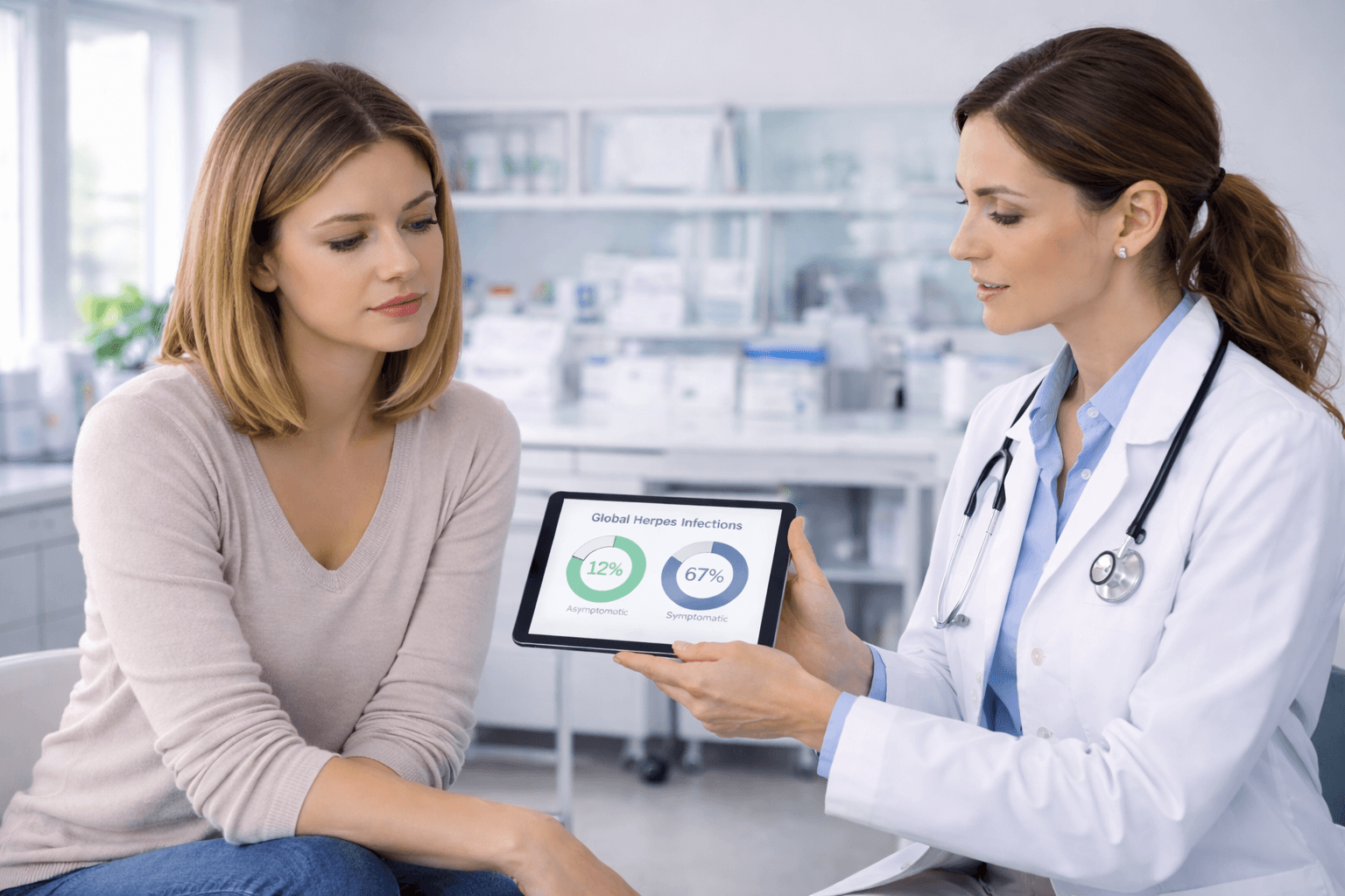 Asymptomatic Herpes In Women Doctor explaining asymptomatic herpes prevalence to female patient in clinic