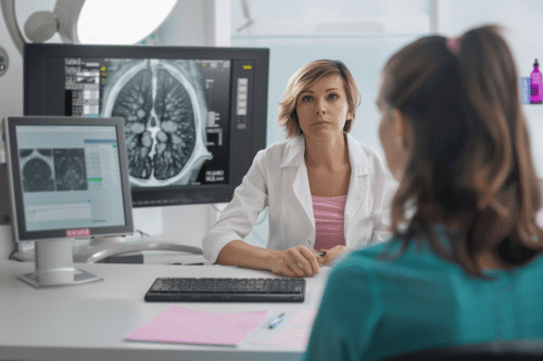 Woman discussing atypical hyperplasia after breast biopsy with breast specialist while reviewing mammogram in clinic