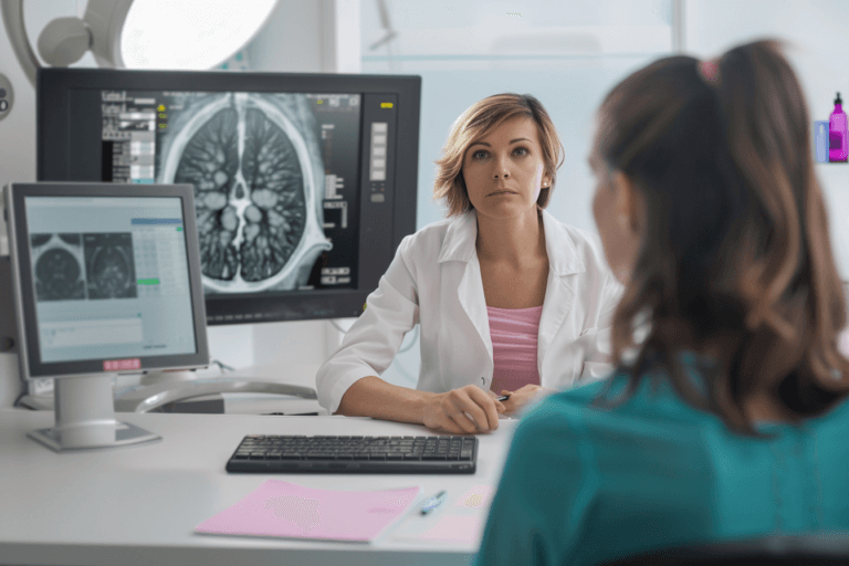 Woman discussing atypical hyperplasia after breast biopsy with breast specialist while reviewing mammogram in clinic