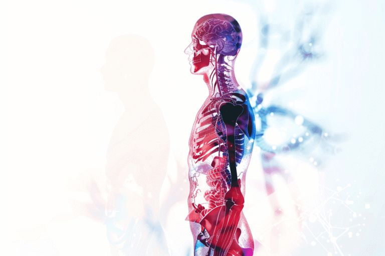 Medical illustration showing autoimmune disease affecting multiple organs including joints, thyroid gland, digestive system, skin, and nervous system due to immune system dysfunction.