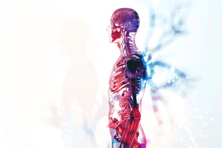 Medical illustration showing autoimmune disease affecting multiple organs including joints, thyroid gland, digestive system, skin, and nervous system due to immune system dysfunction.