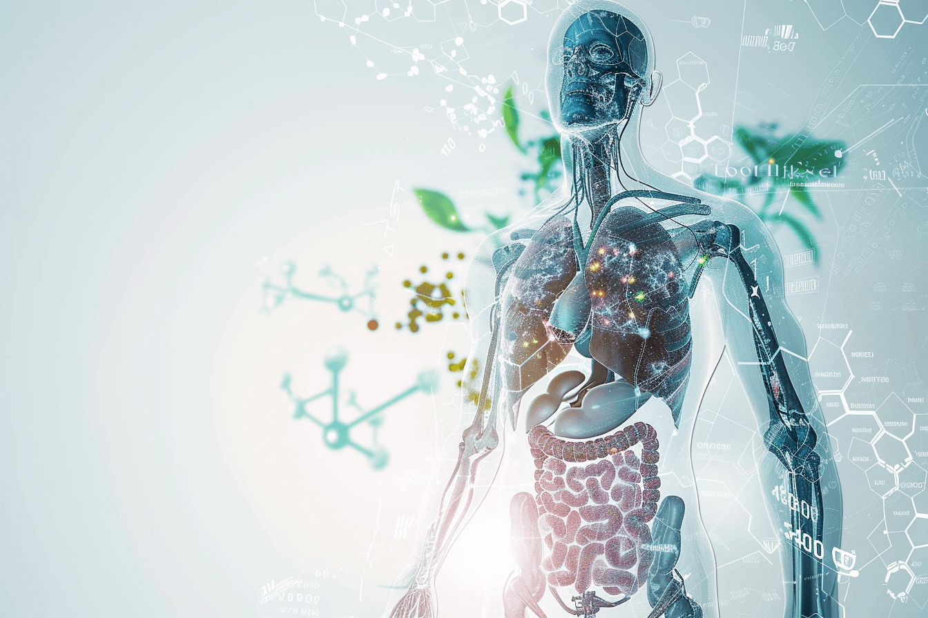 Medical illustration showing herbal compounds acting through bloodstream and pancreas representing ayurvedic herbal pharmacology in pancreatic cancer treatment