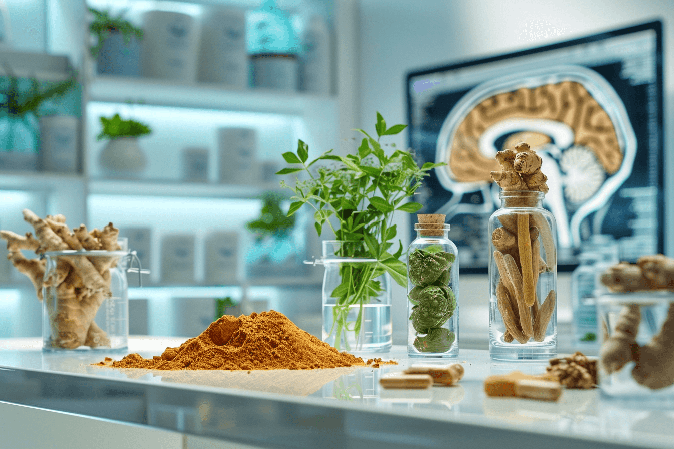 Ayurvedic herbs used in integrative glioma support including ashwagandha, turmeric, and brahmi in a clinical setting