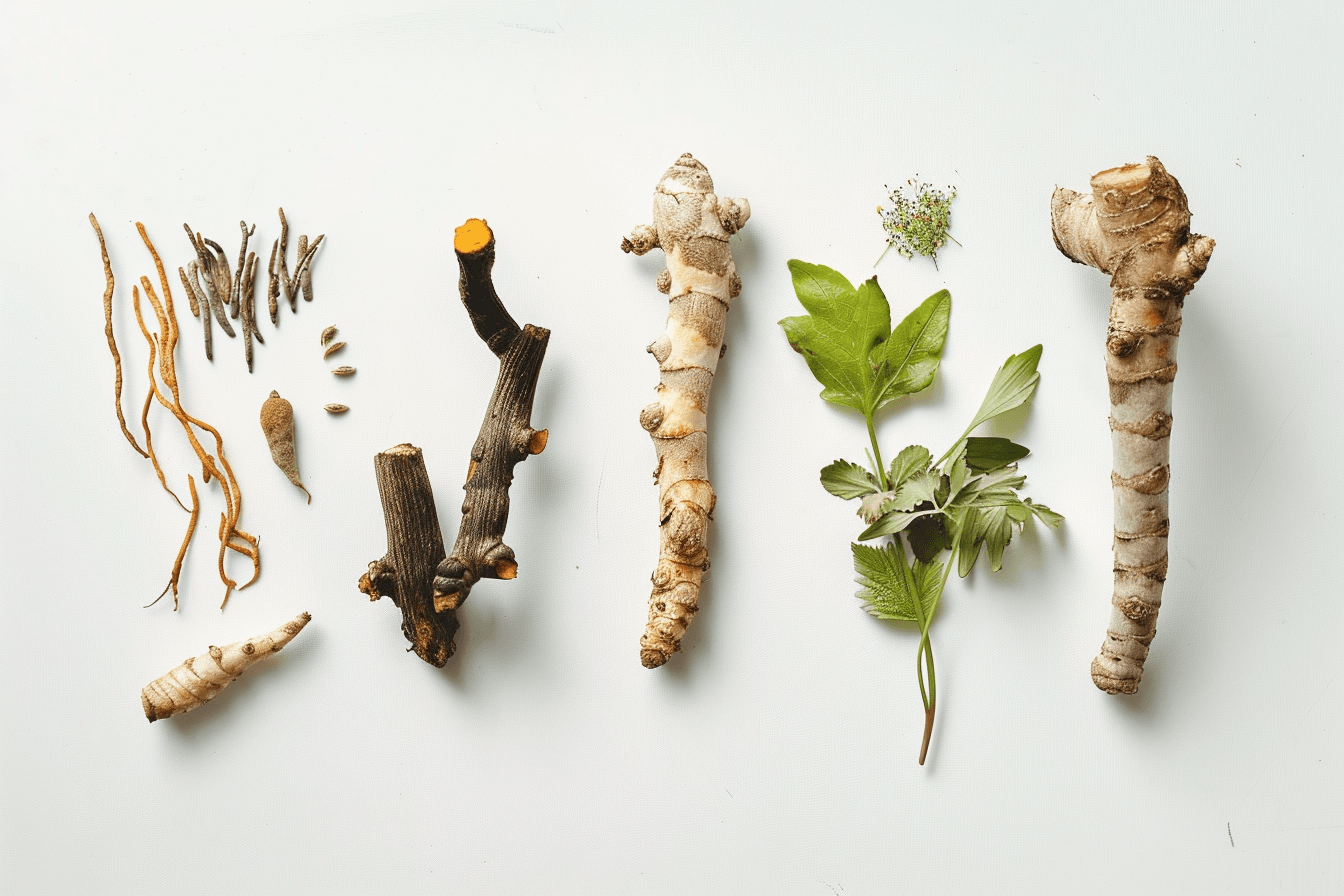 Natural Ayurvedic Herbs For Pancreatic Cancer Support Turmeric ashwagandha giloy and kalonji herbs displayed in clinical setting representing natural alternative treatment pancreatic cancer support