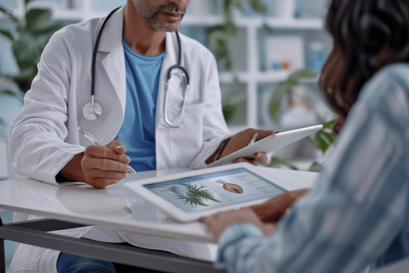Ayurvedic Management Approach In Pancreatic Cancer Recurrence Ayurvedic doctor explaining personalized treatment for pancreatic cancer recurrence