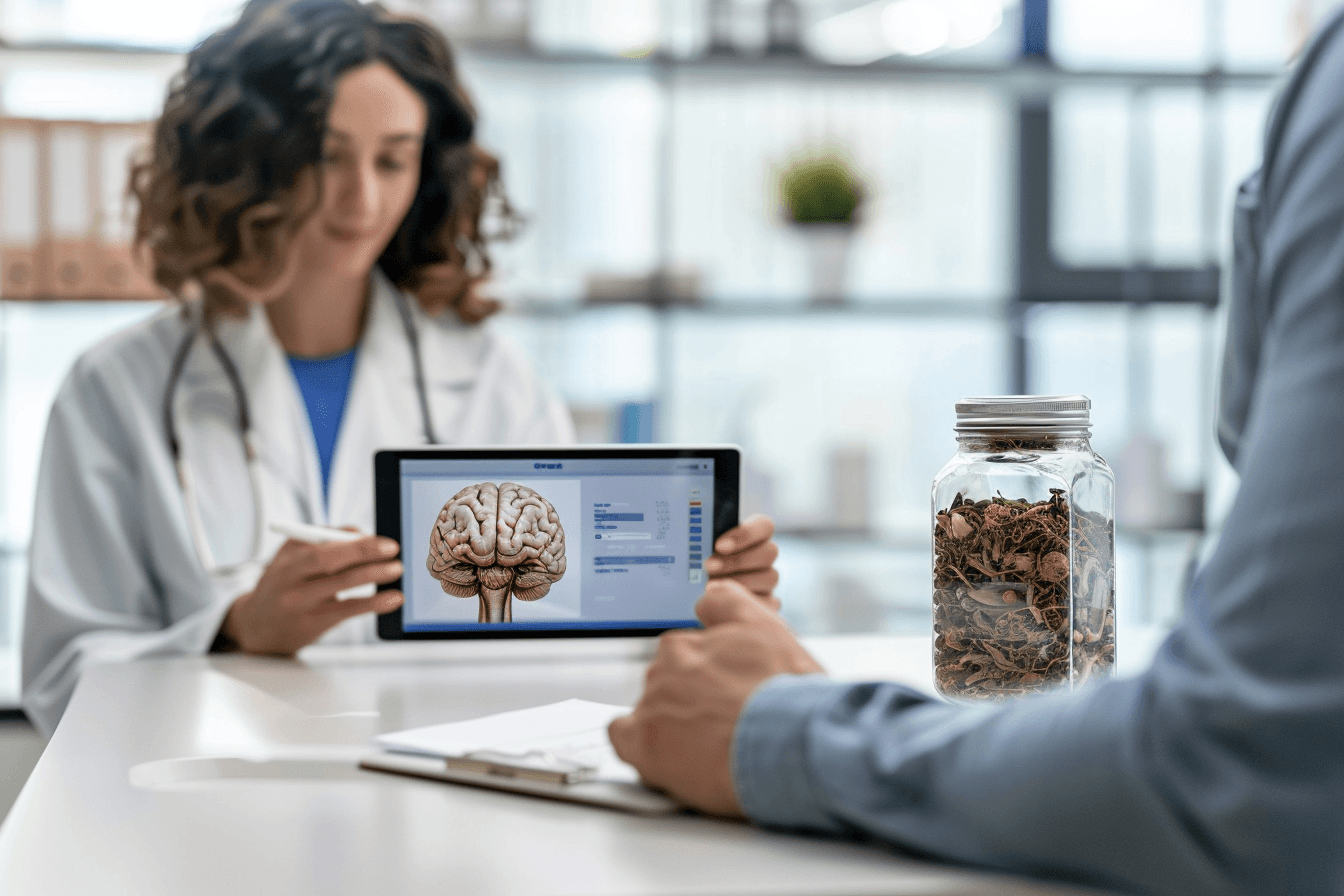 Ayurvedic Perspective On Glioma And Brain Health Ayurvedic doctor explaining brain health with herbs in modern clinical setting