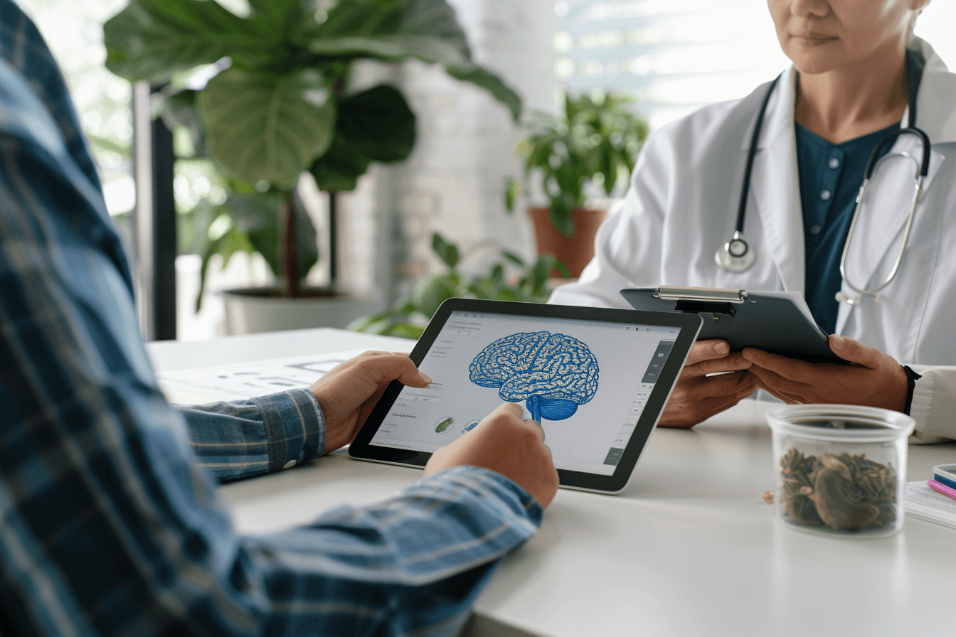 Ayurvedic doctor explaining glioma treatment approach using herbs and brain anatomy in a clinical setting