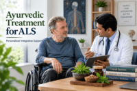 Older man using a wheelchair consulting an Ayurvedic doctor about personalised integrative care for ALS