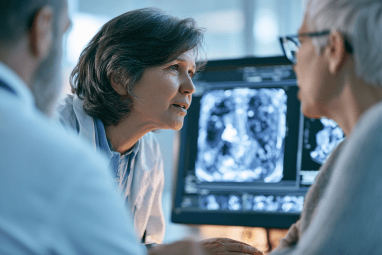 Ayurvedic treatment for small cell lung cancer consultation with a doctor reviewing chest ct scans with a patient