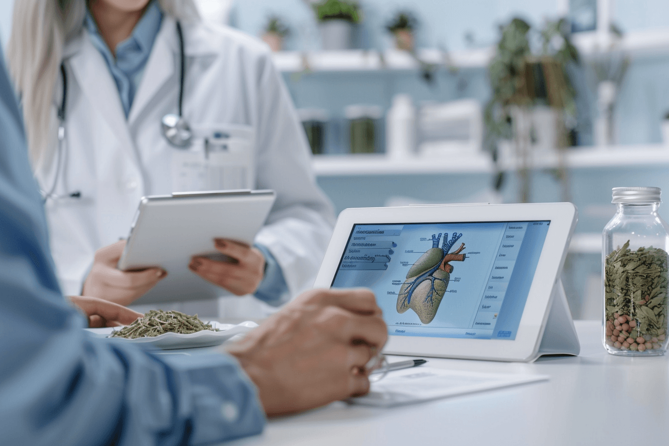 Doctor consulting patient in modern clinic with pancreas anatomy on tablet and natural elements representing integrative ayurvedic treatment for pancreatic conditions