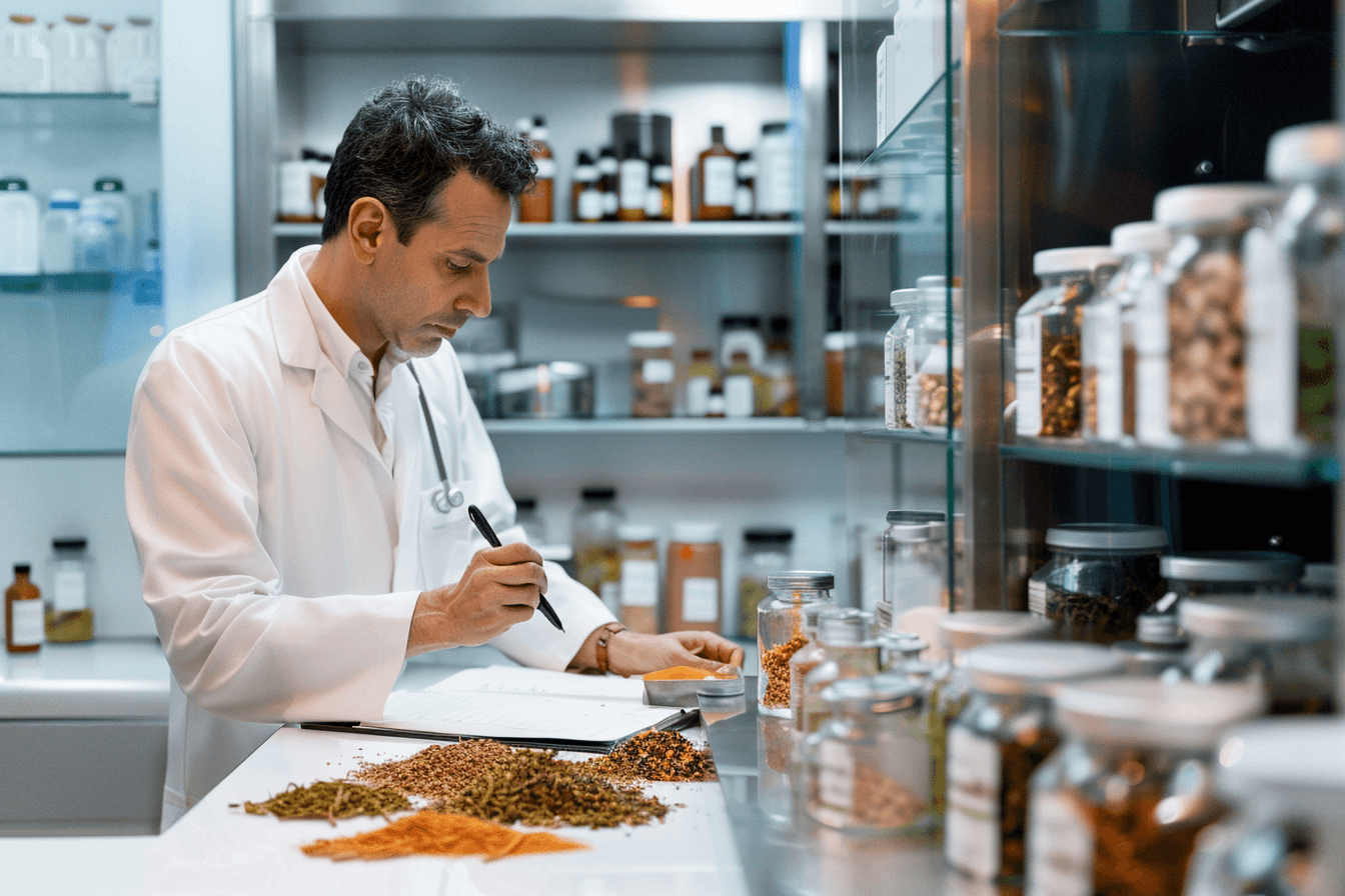 Ayurvedic Management Approach For Glioma Ayurvedic doctor preparing personalized treatment plan for glioma recurrence