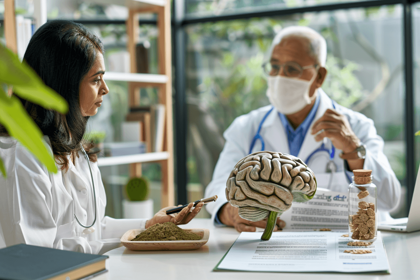 Ayurvedic doctor explaining treatment principles for alzheimer’s disease using herbs and brain model