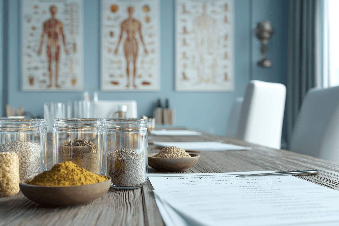 Ayurvedic Treatment Principles For Parathyroid Disorders Photorealistic clinical setup showing ayurvedic treatment principles with herbal formulations and structured medical planning for parathyroid disorders