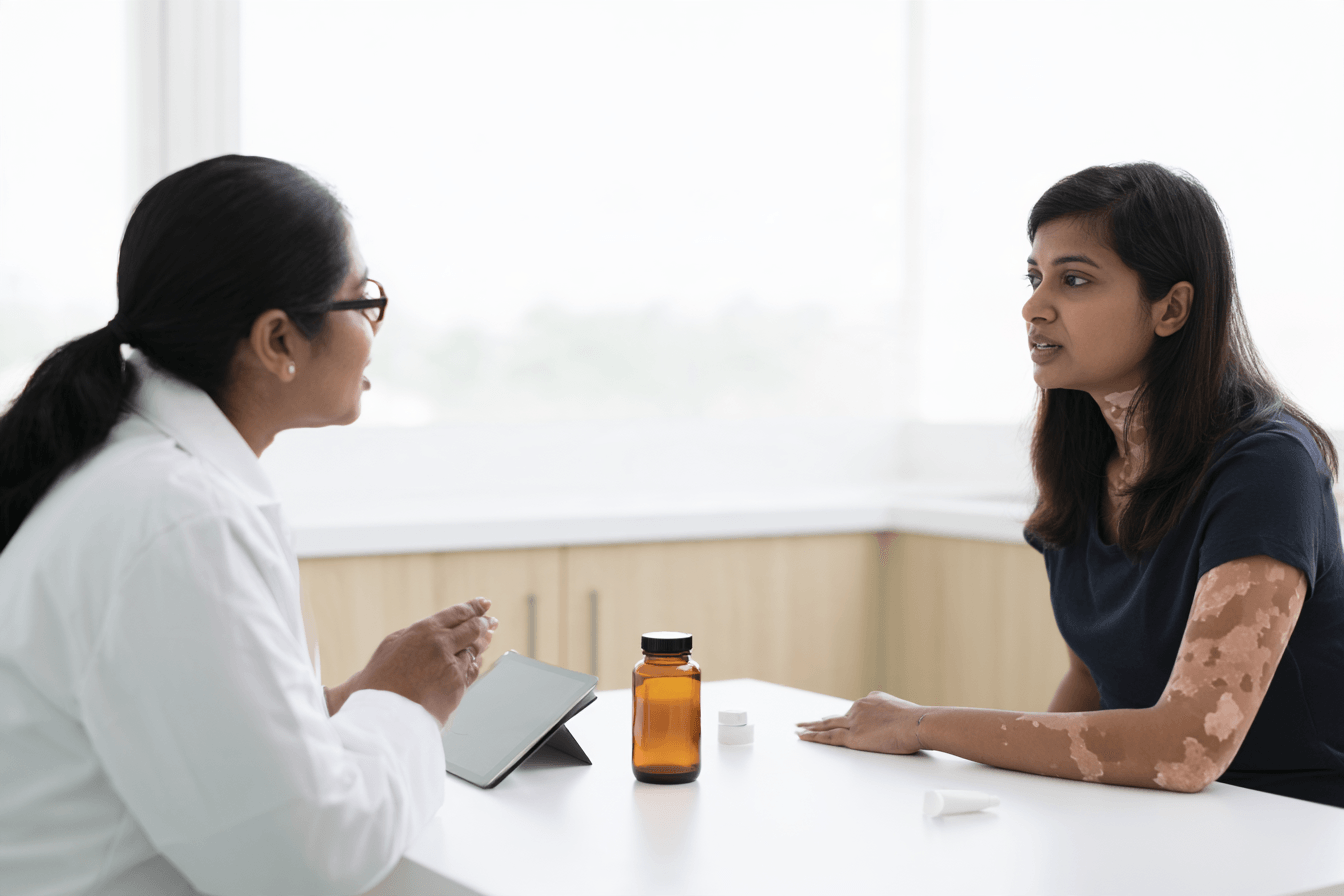 Can Vitiligo Be Cured Permanently? Treatment Results And Ayurveda 7 Clinician discussing ayurvedic preparations with a woman who has vitiligo on her forearm.