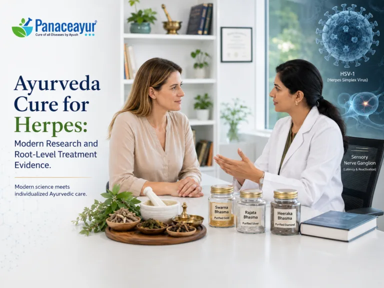 Home 2 Ayurveda cure for herpes consultation showing an international patient, ayurvedic doctor, antiviral herbs, hsv research, and nerve ganglia.