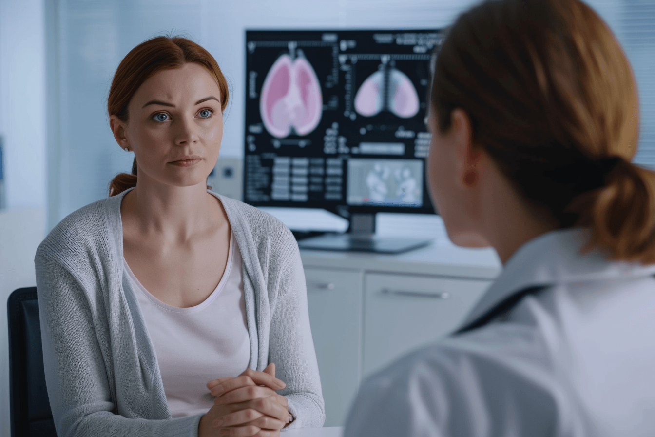 Breast Biopsy Report Explained By Doctor – Understanding Results Doctor explaining breast biopsy report results to female patient in clinical setting