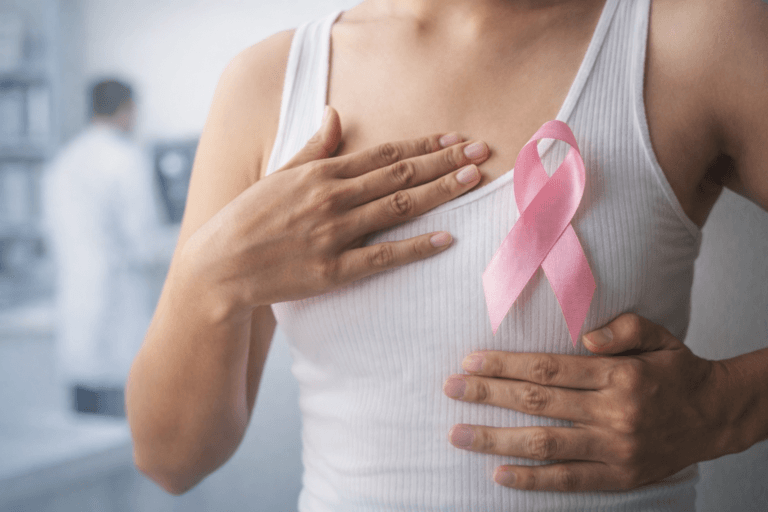 woman touching chest with pink ribbon symbolizing breast cancer awareness and early detection