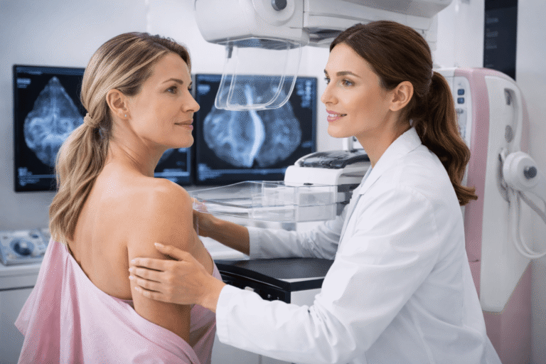 Woman undergoing digital mammogram screening in modern clinical radiology center for breast cancer evaluation