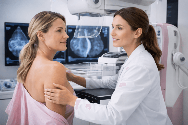 Home 1 Woman undergoing digital mammogram screening in modern clinical radiology center for breast cancer evaluation