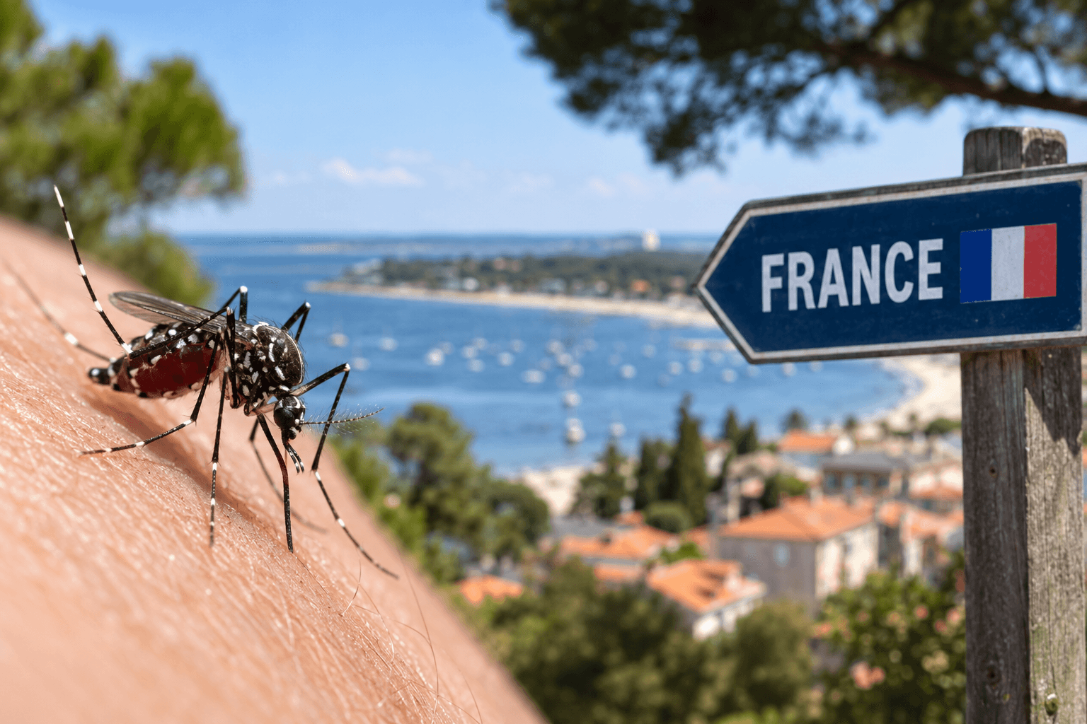 Home 5 Mosquito biting human skin beside a france sign and coastal backdrop, illustrating chikungunya in europe.