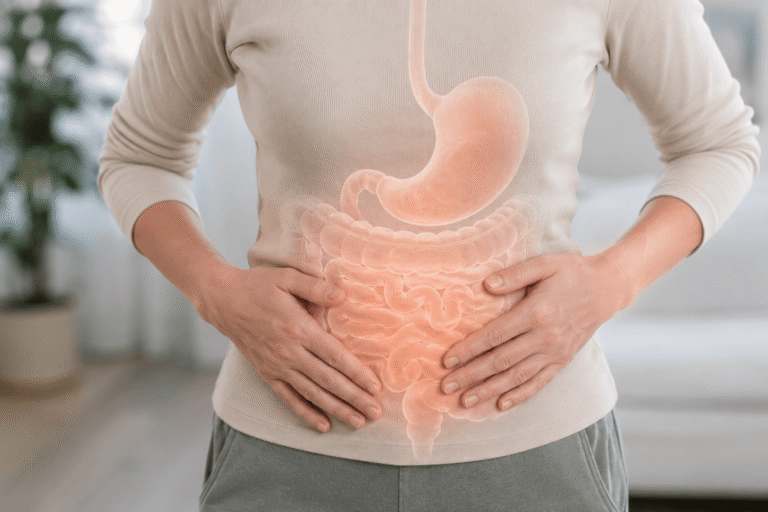 Photorealistic image of a person holding the abdomen with a transparent digestive system overlay, representing chronic bloating and gut health.