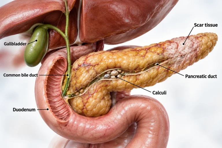 Chronic pancreatitis showing pancreatic duct stones, scar tissue, gallbladder, bile duct and duodenum