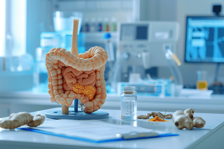 Colorectal cancer treatment showing clinical colon model with tumor and integrative Ayurvedic approach for recovery