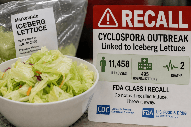 Cyclospora lettuce outbreak 2026 recall warning beside packaged iceberg lettuce and a fresh salad