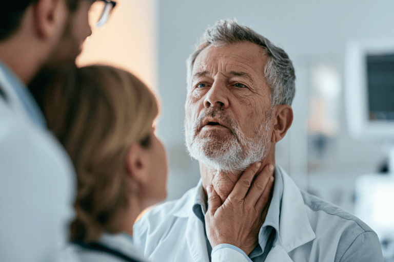 Endocrine oncologist examining the neck of an adult patient with anaplastic thyroid cancer in a modern hospital.