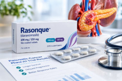 Daraxonrasib pancreatic cancer trial illustrated with a pancreatic tumour model and ct scan reviewed by a clinician