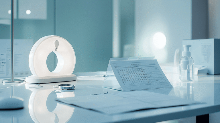 A medical imaging folder and MRI decision pathway shown as a calm healthcare still life