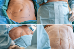 Four panel medical visual showing an abdominal wall desmoid tumor before surgery, operative planning, and postoperative closure.